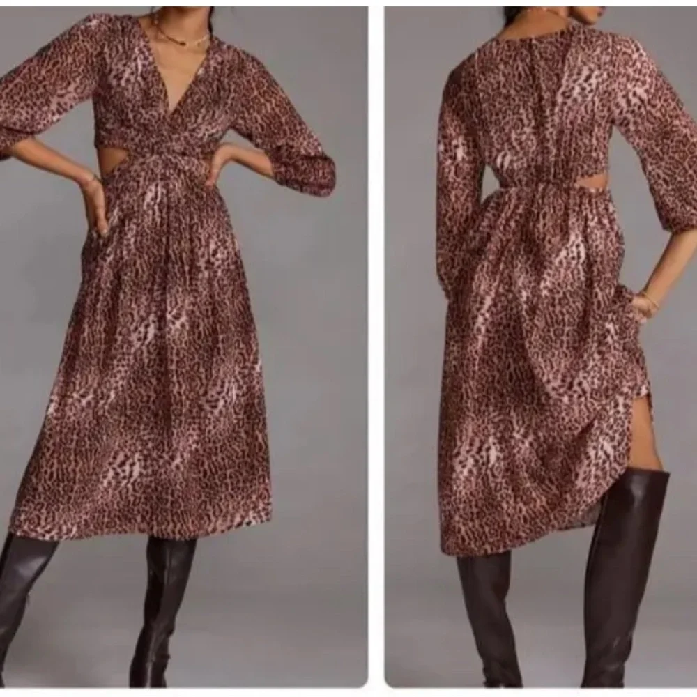 ANTHROPOLOGIE RANA GILL Long Sleeve Cutout Midi Dress in Leopard Size S